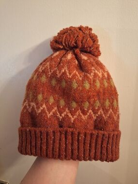 Rust Orange Fair Isle Pom Pom Beanie
